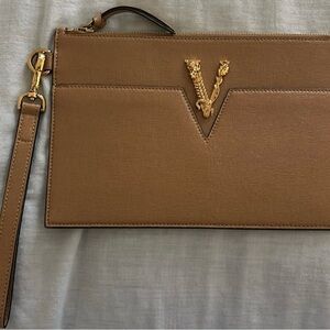 Versace Tan Clutch with Gold Accents